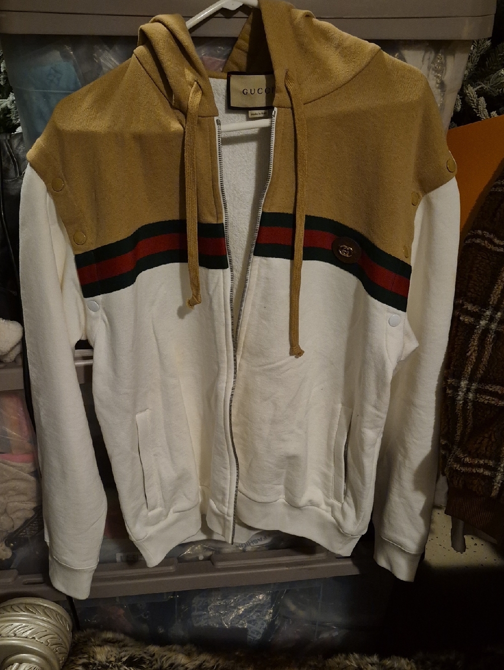 Gucci Two-Tone Hooded Zip Sweatshirt in Mustard, White with Signature Web Stripe